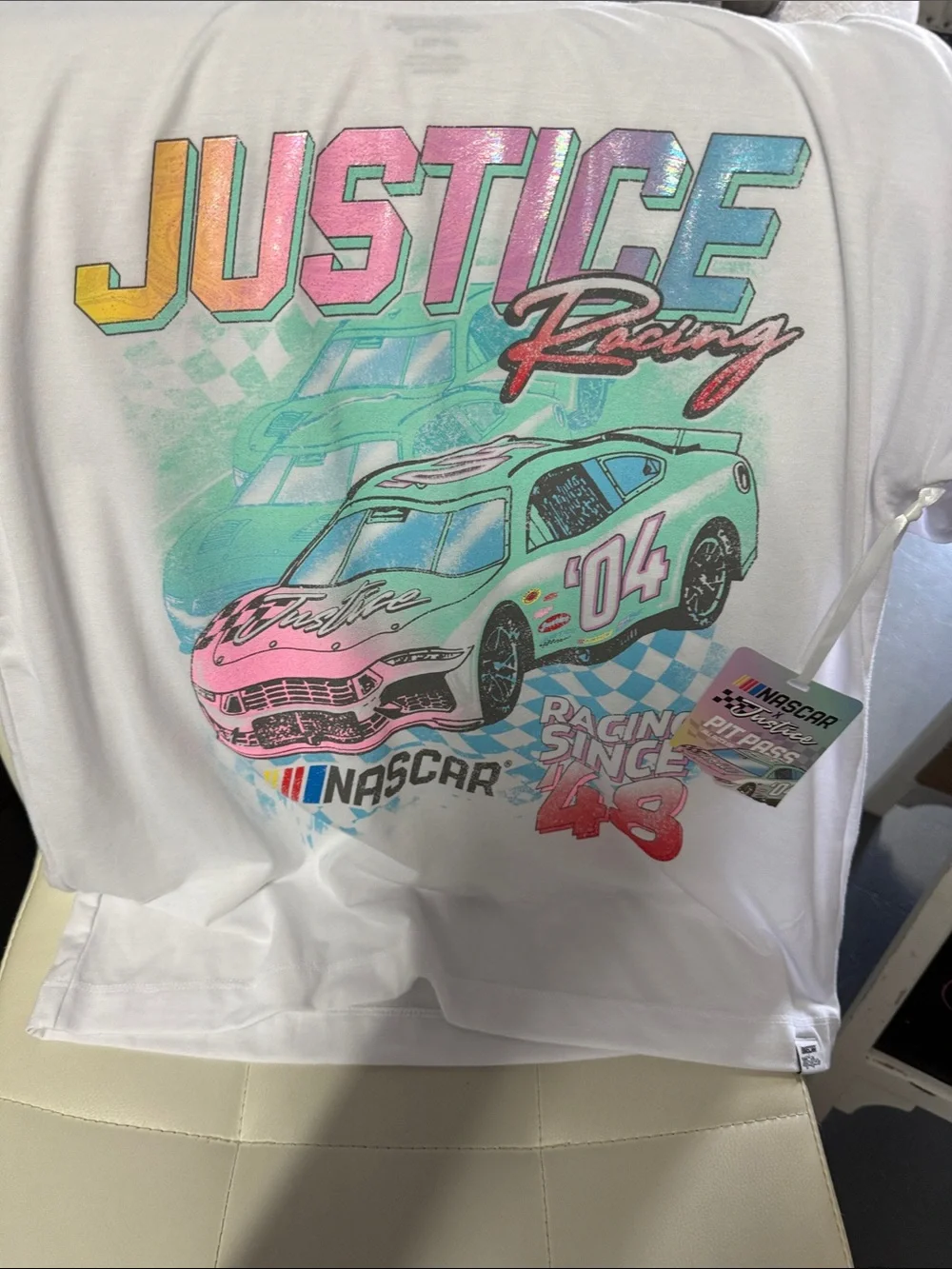 Justice White Tee with Pink, Teal & Yellow Racing Graphics
